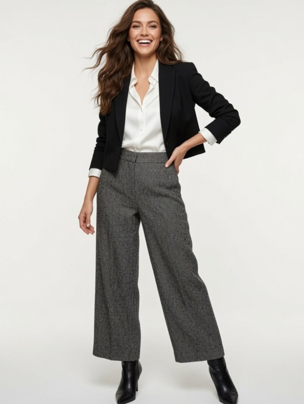 Talbots Gray &Black Wide-Leg Tweed Herringbone Wool Blend Crop Pants(size:6)
